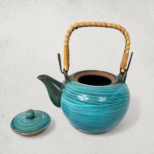 Pier 1 Japan Turquoise Drip Glaze Ceramic Teapot Bamboo Handle Vintage